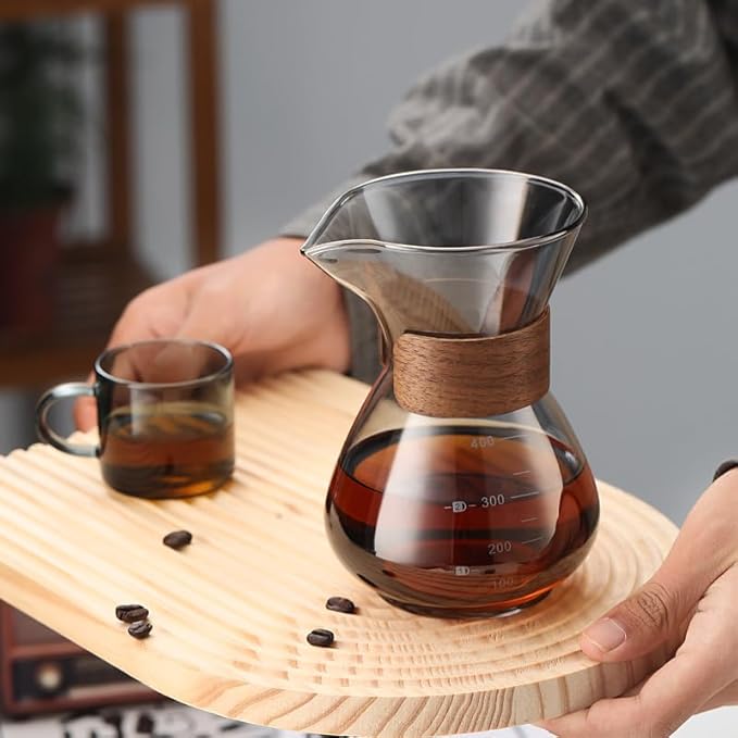 BeeCa Pour Over Coffee Maker Set, Single-Serve Coffee Essential, Reusable Double Stainless Steel Filter + Borosilicate Glass Carafe, Stylish Wood Collar, 2 Cup 400 ml/13.5 oz Portable & Easy Clean