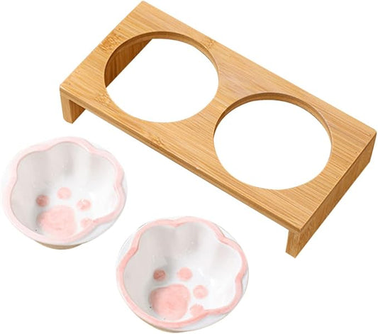 Milisten Elevated Cat Bowl Whisker-Friendly Bamboo Stand Ceramic Pet Feeding Bowl for Kitten Vomiting Relief