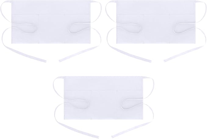 BOHARERS Waist Apron with 3 Pockets 3 Pack - White Waitress Server Short Apron