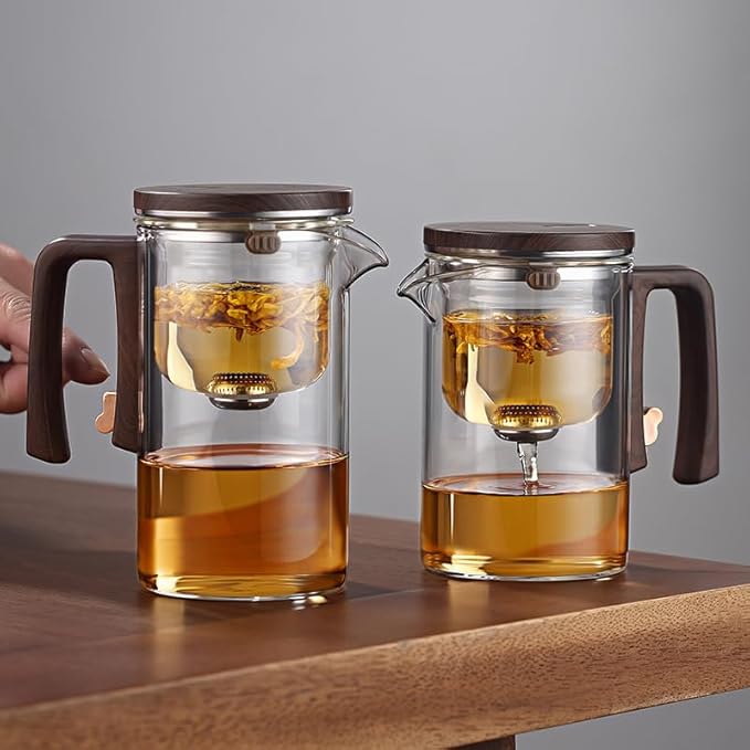 Enchantipot Magic TeaPot, 720ML Water Separation Glass Tea Pot with Wooden Handle, Press Control Magic Tea Infuser, For Loose Tea Kettle Witchcraft Teapot