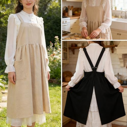 Uaussi Cotton Linen Apron Cross Back Work Apron for Women with Pockets Pinafore Dress X Cross Halter Apron for Chef Gardening - Image 5