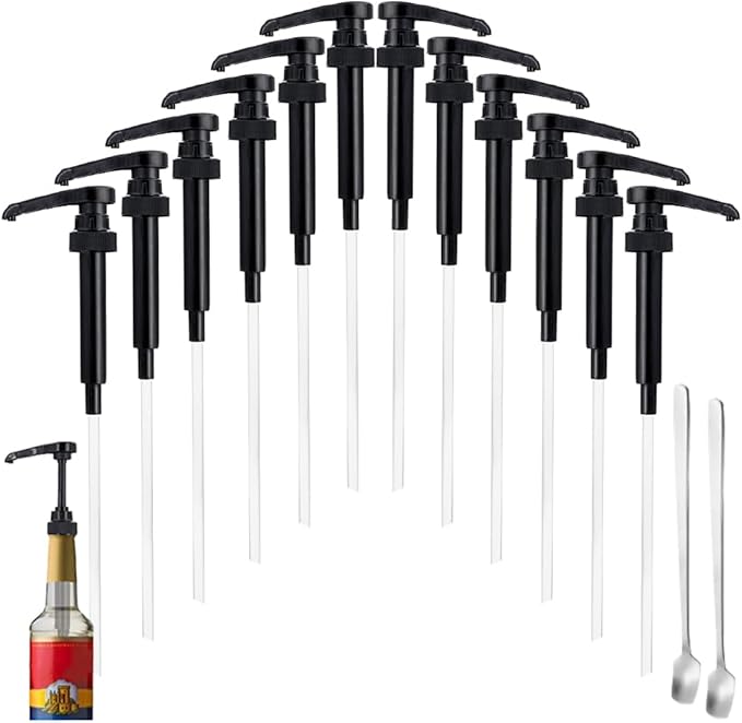 12 Pcs Black Coffee Syrup Pumps, Compatible with 25.4 Oz/750ml Bottles, Great for Home & Coffee Bar Drinking Mixes, Tea, Beverage, Cocktails, Plus Spoons by DupakSYS