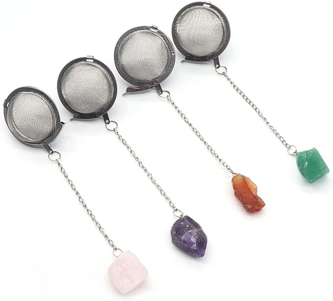 5 Pcs Tea Filter Stainless Steel with Crystal Energy Stone Tea Strainers with Fine Mesh Extend Chain Hook Tea Ball Infuser for Loose Tea Leaves Spices Seasonings
