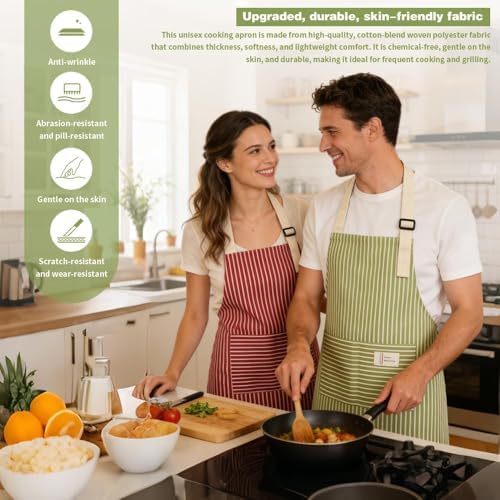 Chef Apron Bib Apron with 2 Large Pockets Adjustable Neck Strap Kitchen Apron Cooking Apron Stripes Baking Apron - Image 3