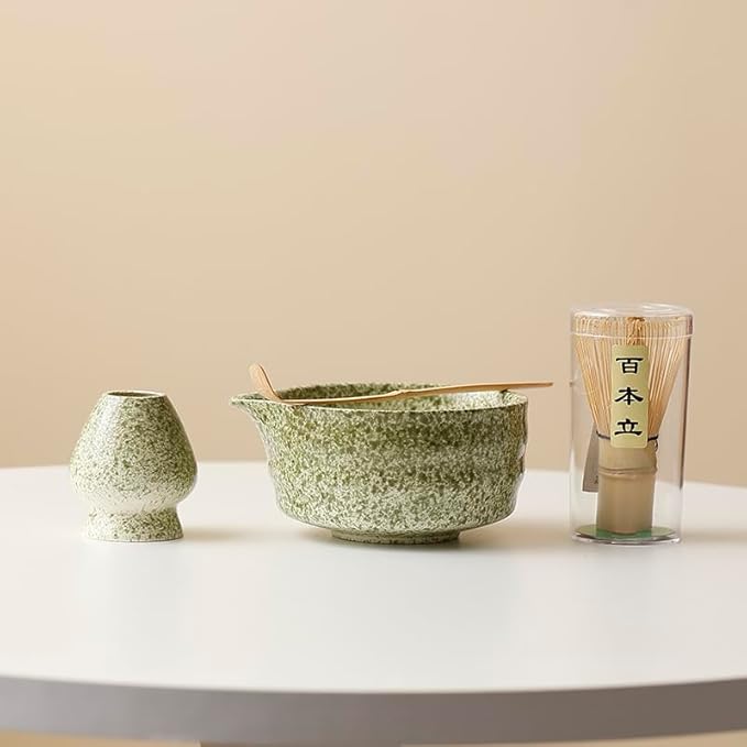 Matcha Tea Set with Matcha Green Ceramic Bowl, Fine Mesh Strainer and Bamboo Scoop, Japanese Style Matcha Accessories for Home Tea Ceremony.