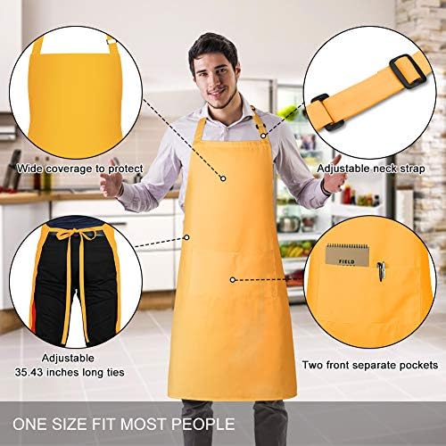 Jubatus 2 Pack Bib Aprons with 2 Pockets Cooking Chef Kitchen Apron for Women Men, Yellow - Image 2