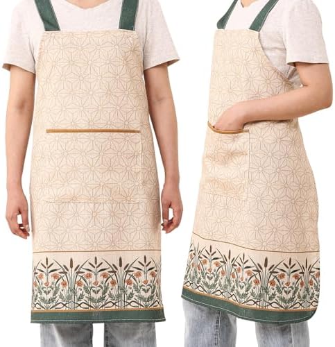 patdrea Blue Floral Linen Apron with Pocket,French Kitchen Garden Chef BBQ Aprons for Women and Men,Crisscross Back Straps - Image 3
