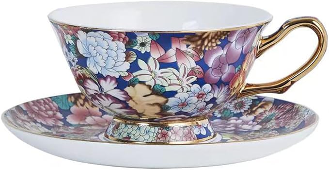 Cup& Saucer Set Bone China Tea Coffee Cup for Breakfast Afternoon Tea- Embossed Floral Pattern (Multicolor)