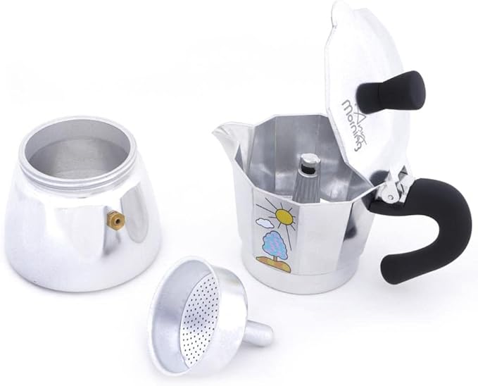 Any Morning Espresso Stovetop Moka Pot, 6 Cup Italian Coffee Maker, Aluminum, PBA Free, 8 Oz, 6 Expresso Cups Silver