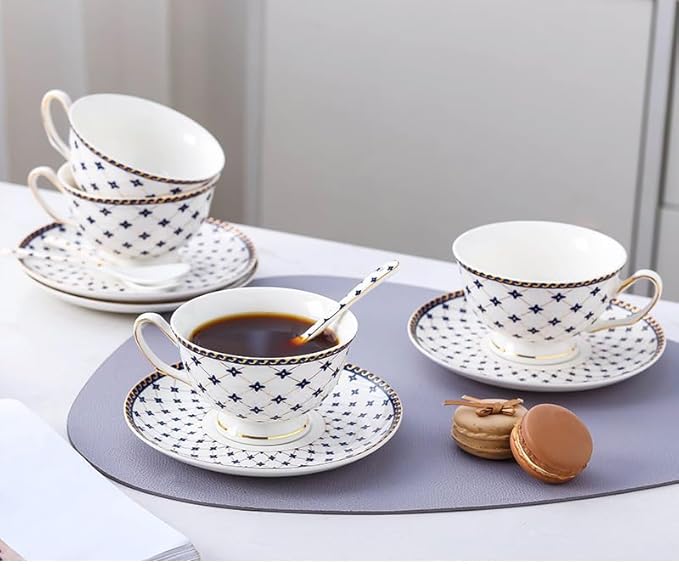 Porlien Royal Blue Star-night Porcelain 7-ounce Teacup and Saucer Set with 6-inch Coffee Spoon