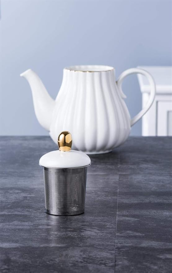 Jusalpha Serve for 6- Fine China White Coffee Cup/Teacup Set, 8 OZ Cups& Saucer, with Teapot-Sugar Bowl-Cream Pitcher Teaspoons and tea strainer for Tea/Coffee (White, Serve of 6)