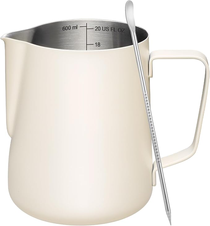 Milk Frothing Pitcher, 20oz Milk Frother Cup with Clear Scale, 304 Stainless Steel Cappuccino Espresso Machine Accessories for Barista Coffee Bar with Latte Art Pen, White