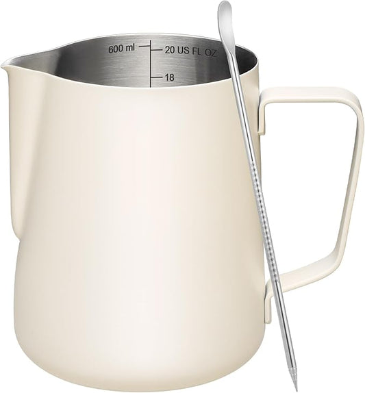 Milk Frothing Pitcher, 20oz Milk Frother Cup with Clear Scale, 304 Stainless Steel Cappuccino Espresso Machine Accessories for Barista Coffee Bar with Latte Art Pen, White