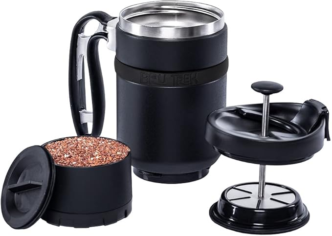 BruTrek® by Planetary Design Double Shot 4.0 Travel Coffee French Press, 16 fl.oz Insulated Stainless Steel Mug, Removable Storage Bottom To Brew A Second Cup, No Spill Lid (Obsidian)
