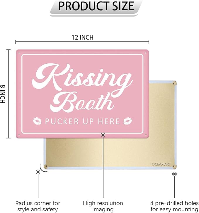 Kissing Booth Pink Tin Sign Love Shack Metal Signs Valentine's Day Wall Art Decoration Home Farmhouse Bar Kitchen Cafe Living Room Coffee Corner White Day Decor Romantic Gift 12" x 8" - Image 2