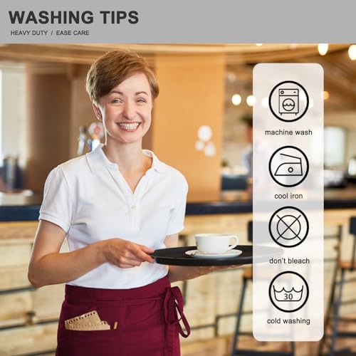PLOYMONO 1P Burgundy Server Apron with 3 Pockets,Short Waist Waitress Apron | Polyester Short Waiter Apron with 3 Deep Pockets, Great for Restaurant Servers, Bartenders, Hosts, Baristas - Image 7