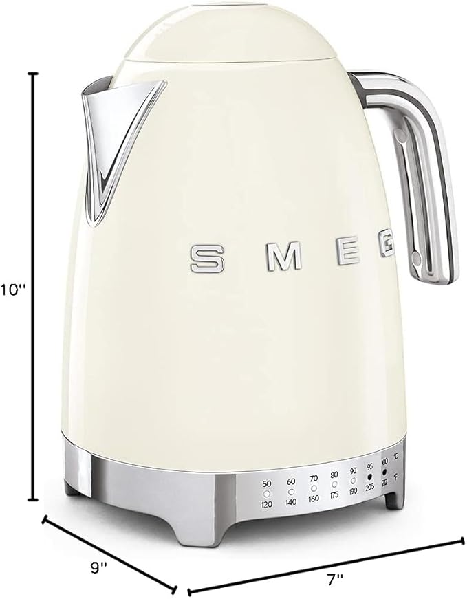 Smeg 50's Retro 7 Cup Stainless Steel Variable Temperature Electric Kettle with 7 Temperature Settings, Led Display, Swivel Base and Keep Warm Function Cream KLF04CRUS