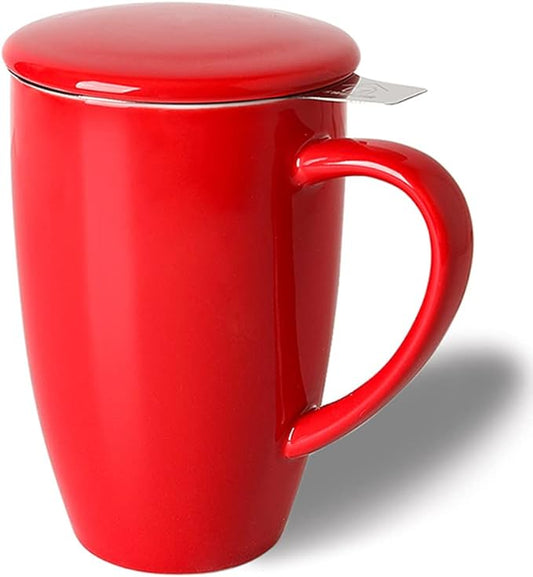 Sweejar Porcelain Tea Infuser Mug with Lid, 16 oz Teacup with Strainers for Loose Leaf Tea, Microwave and Dishwasher Safe Coffee Mug(Red)