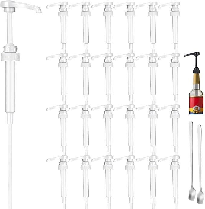 25 Pcs White Syrup Pump Dispenser, Compatible with 25.4 Oz/750ml Bottles, Great for Home & Coffee Bar Drinking Mixes, Tea, Beverage, Cocktails, Plus Spoons by DupakSYS