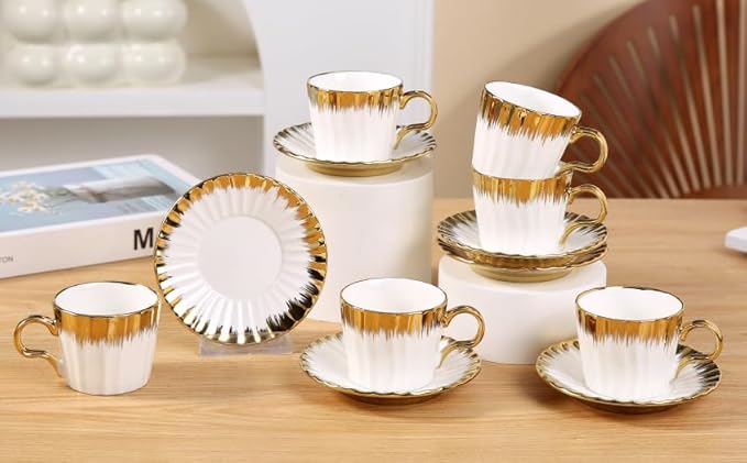 Coffee Cup Set of 6 with Saucers, 3.5 OZ Ceramic Espresso Cups, Deco Golden Turkish Coffee Cup Gift for Cappuccino, Latte, Cafe Mocha and Tea, Dishwasher & Microwave Safe (Gold Trim)