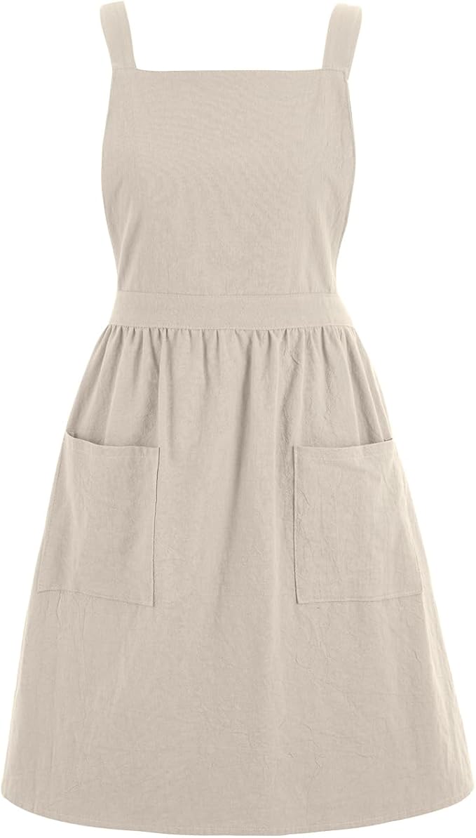Pinknoke Cute Cotton Pinafore Aprons for Women with Pockets for Kitchen | Vintage Apron Dress,Adjustable Cross Back,2 Pockets,Long Straps,for Cooking Backing Gardening Painting Cleaning Gift Giving by Pinknoke