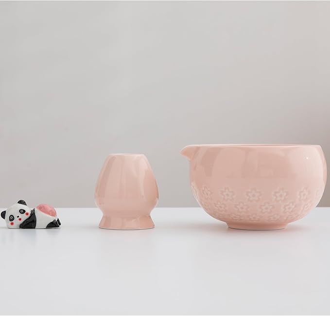 Matcha whisk set, pink matcha bowl set, includes bowl with spout, bamboo whisk, spoon, ceramic stand, stainless steel sieve, towel. Perfect matcha starter set (pink)