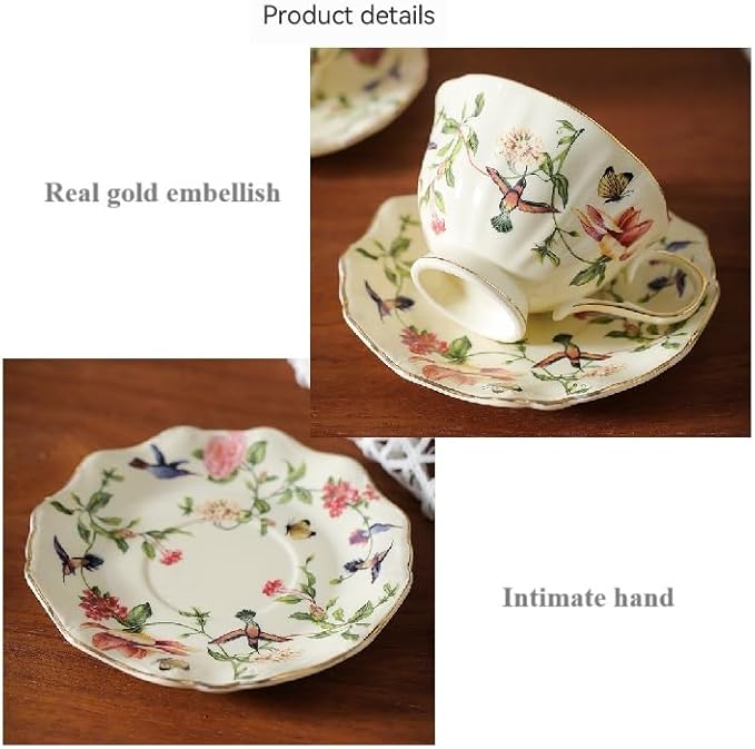 8 oz Vintage flower Ceramic cup and 6" saucer set with Brand customized stainless steel spoon Gifts for Afternoon Tea Coffee Hour (G)