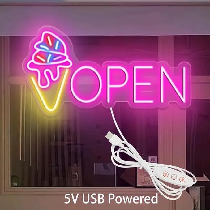 LED Neon Open Sign with Ice Cream Cone Design, USB Powered, Wall Hanging Plastic Neon Light, Switch Controlled, Multipurpose Room Decor, Business Signage for Ice Cream Trucks and Shops