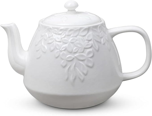 Toptier Leaf Teapot, Porcelain Tea Pot with Stainless Steel Infuser, Blooming & Loose Leaf Ceramic Teapot, 37 Ounce, White