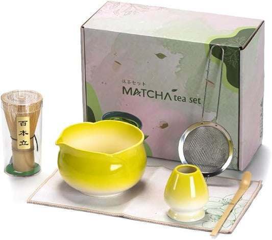 Japanese Matcha Tea Set,Elegant Yellow Ceramic Matcha Bowl with Soft Glaze, Bamboo Whisk & Scoop, Complete Tea Ceremony Kit with Gift Box