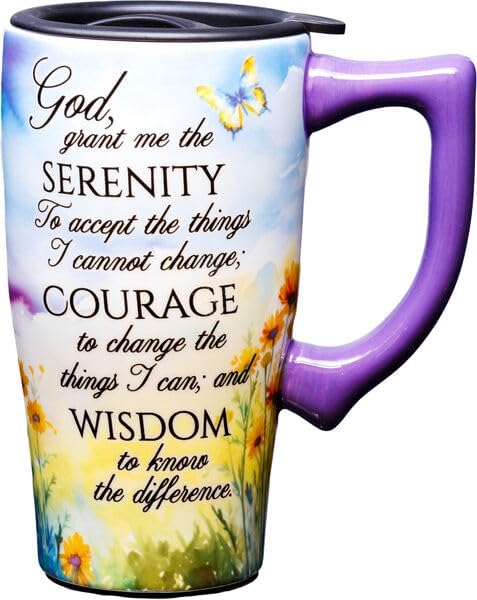 Spoontiques Serenity Prayer Ceramic Travel Coffee Mug with Lid and Handle - Spill Proof Lid - Double Walled Mug for Hot and Cold Beverages - Microwave and Dishwasher Safe
