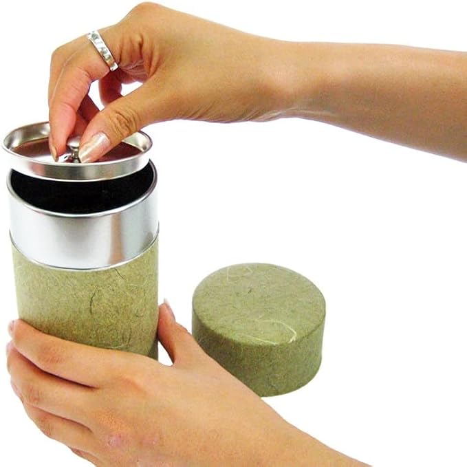 Japanese Pokkan Matcha Coffee Spice Tea Tin Canister Washi Paper Storage with Lid 7.05 oz Capacity (Unryugami Green)