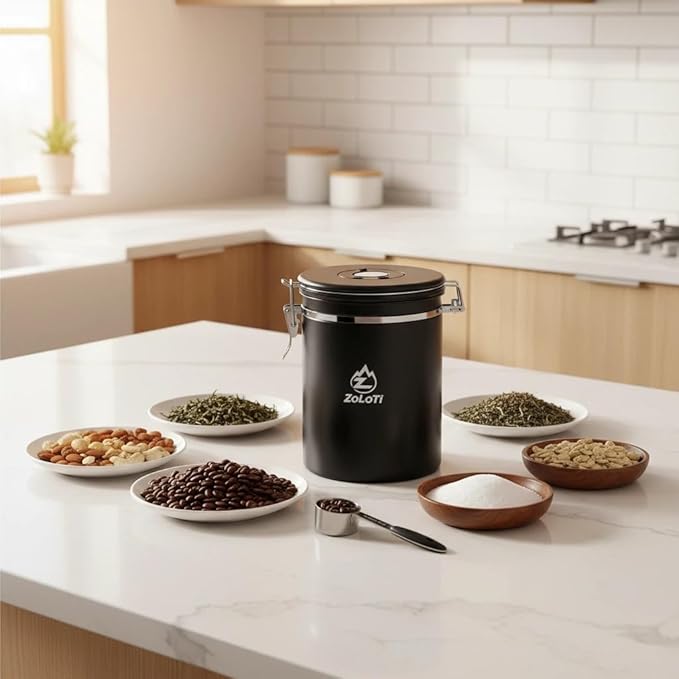 Coffee Airtight Canister, 60 fl oz Black Stainless Steel, Pantry & Storage for Coffee Beans, Rice, Tea, Sugar, Cereal, Flour