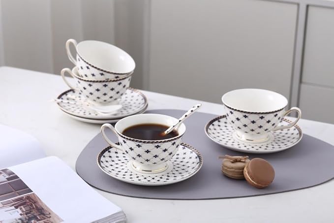 Porlien Royal Blue Star-night Porcelain 7-ounce Teacup and Saucer Set (6)