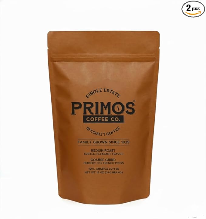 French Press Specialty Coffee, Coarse Ground, Primos Coffee Co (Medium Roast, 2 Bags)