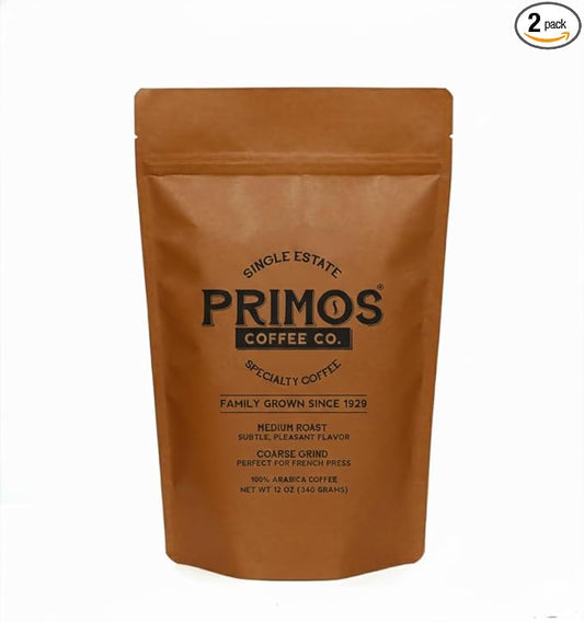 French Press Specialty Coffee, Coarse Ground, Primos Coffee Co (Medium Roast, 2 Bags)