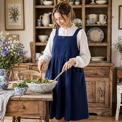 Uaussi Cotton Linen Apron Cross Back Work Apron for Women with Pockets Pinafore Dress X Cross Halter Apron for Chef Gardening - Image 3