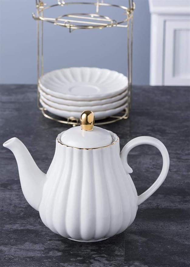 Jusalpha Serve for 6- Fine China White Coffee Cup/Teacup Set, 8 OZ Cups& Saucer, with Teapot-Sugar Bowl-Cream Pitcher Teaspoons and tea strainer for Tea/Coffee (White, Serve of 6)