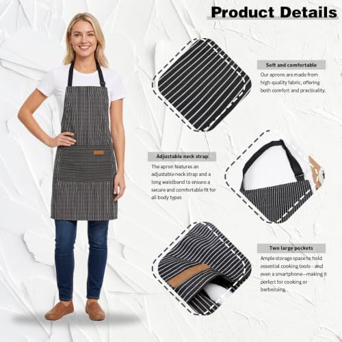 Chef Apron Bib Apron with 2 Large Pockets Adjustable Neck Strap Kitchen Apron Cooking Apron Stripes Baking Apron - Image 2