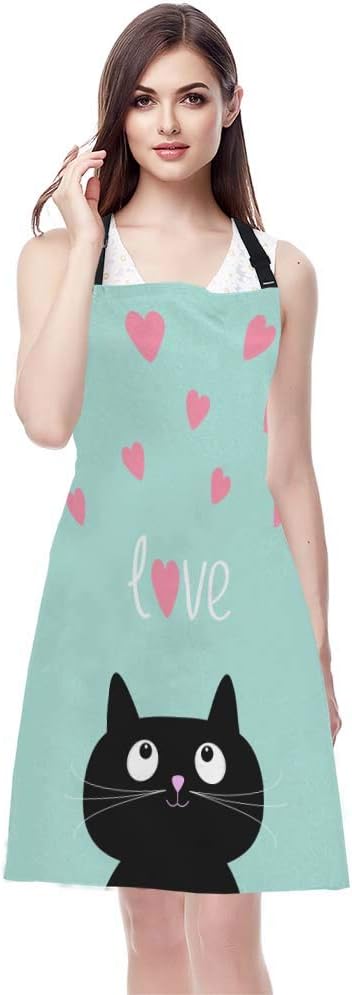 WONDERTIFY Black Cat Apron,Pink Hearts and Cute Cartoon Cat Blue Background Bib Apron with Adjustable Neck for Men Women,Suitable for Home Kitchen Cooking Waitress Chef Grill Bistro Baking BBQ Apron