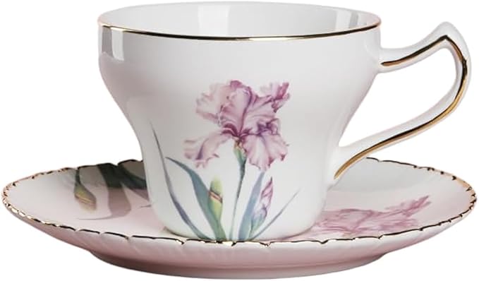 Bone China Tea Cup Set with Saucer Spoon - 3 Piece Set (7oz) Cappuccino & Latte Cups, Porcelain British Style, Mother's Day Gift (Pink Iris)