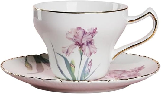 Bone China Tea Cup Set with Saucer Spoon - 3 Piece Set (7oz) Cappuccino & Latte Cups, Porcelain British Style, Mother's Day Gift (Pink Iris)