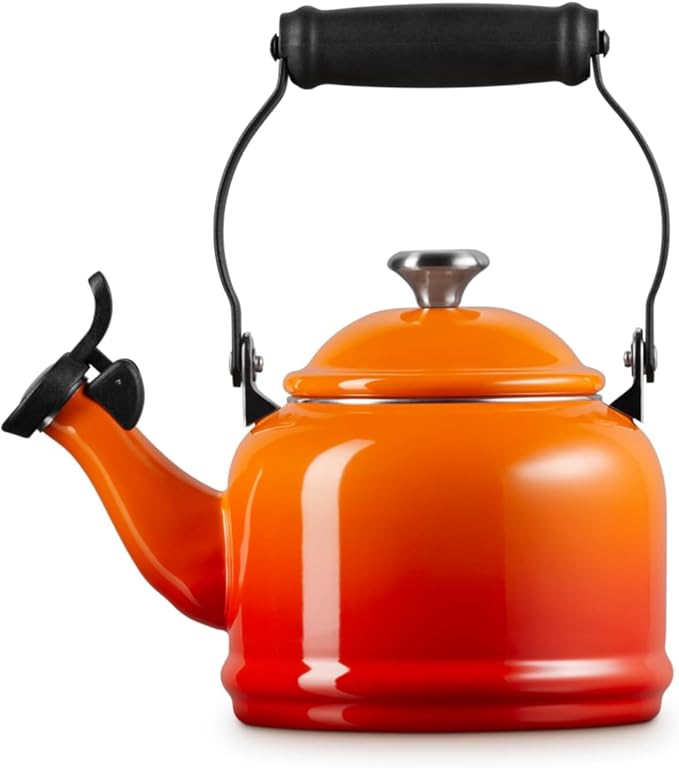 Le Creuset Enamel On Steel Demi Tea Kettle with Metal Finishes, 1.25 qt., Flame
