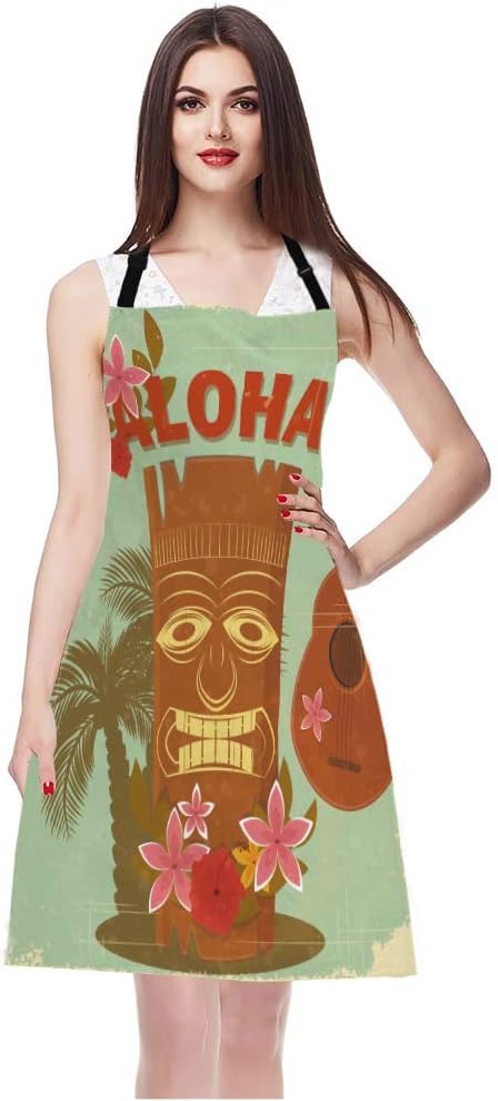 WONDERTIFY Hawaiian Style Apron,Seaside Palm Trees and Beautiful Flowers Bib Apron with Adjustable Neck for Men Women,Suitable for Home Kitchen Cooking Waitress Chef Grill Bistro Baking BBQ Apron