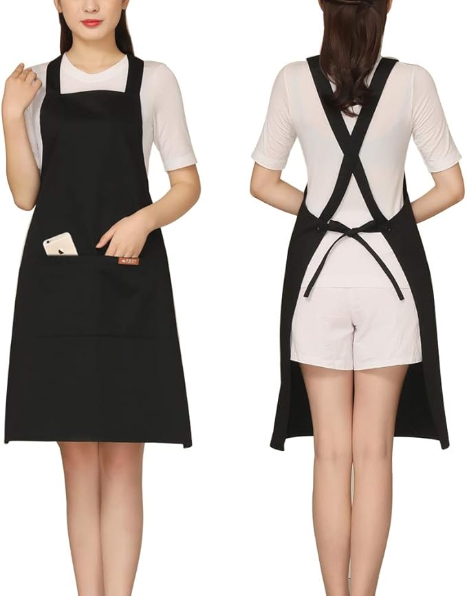 NEWGEM 100% Cotton Cross Back Apron for Women with 2 Pockets - Adjustable Button Straps Pinafore, No Neck Pain Kitchen Chef Apron for BBQ Grilling, Professional Stylist (Black) by NEWGEM