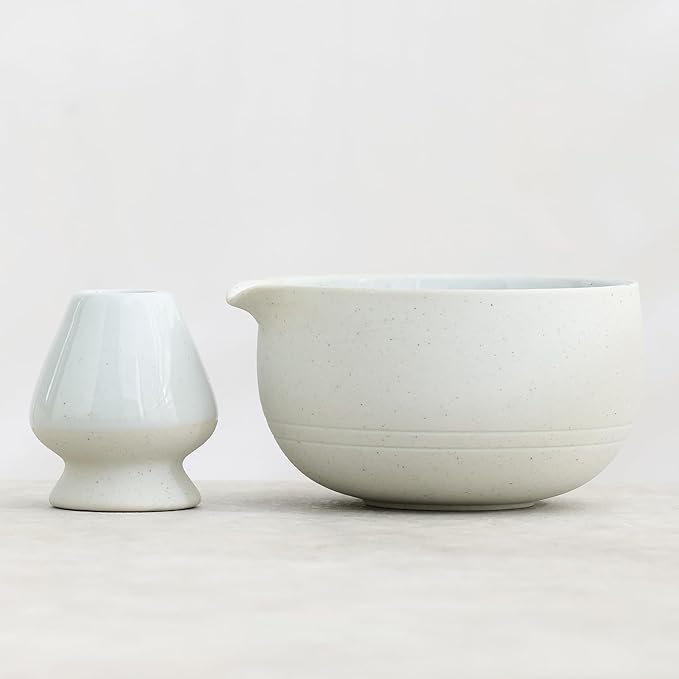 Matcha Set, Japanese Tea Set Includes Matcha Bowl with Spout, Matcha Whisk Holder (chasen), 15.2 oz Handcrafted Coarse Pottery Ceramic Matcha Kit for Matcha Lovers