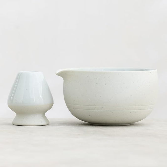 Matcha Set, Japanese Tea Set Includes Matcha Bowl with Spout, Matcha Whisk Holder (chasen), 15.2 oz Handcrafted Coarse Pottery Ceramic Matcha Kit for Matcha Lovers