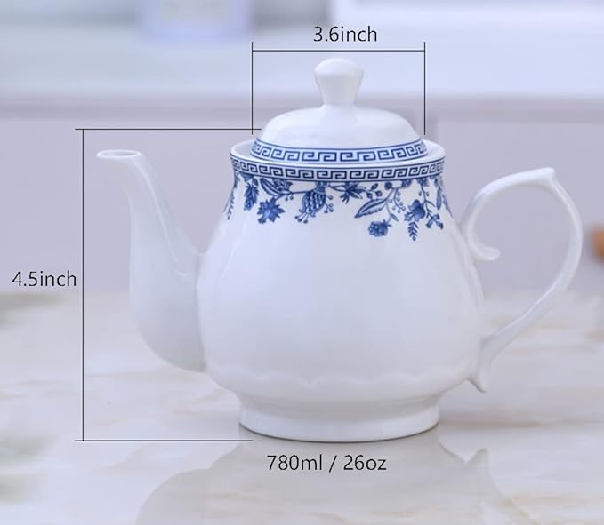 123Arts 26oz Teapot, Blue and White Teapot, Ceramic Tea Pot, Tea Pot for Home Office, 800ml