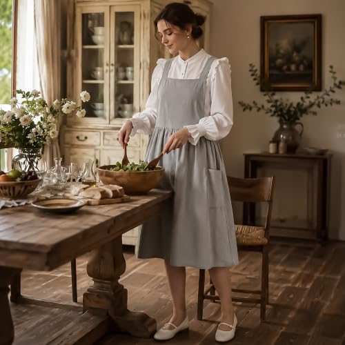 Uaussi Cotton Linen Apron Cross Back Work Apron for Women with Pockets Pinafore Dress X Cross Halter Apron for Chef Gardening - Image 7