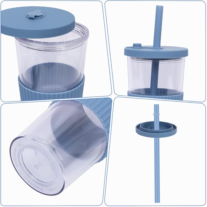 2 Pack Reusable Boba Tea Cups, 24oz Iced Coffee Cup with Straw and Lid, Leakproof Clear Plastic Cups Tumbler, Double Wall Insulated Smoothie Tumbler, Wide Straw for Bubble Tea, Pink and Blue